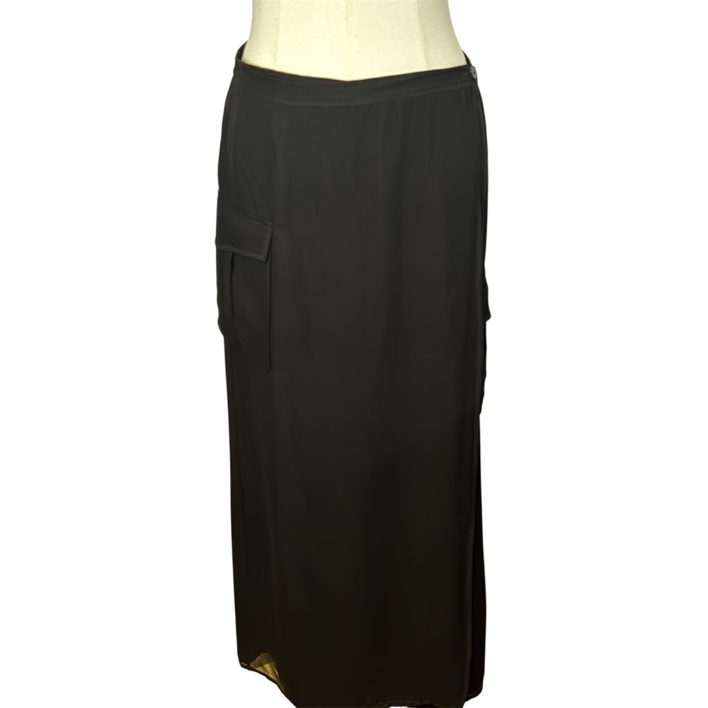 Harari Black 100% Silk Long Wrap Skirt With Side Big Pockets Size Medium